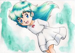 1girl :d ambertwo_(pokemon) arms_behind_back blue_eyes commentary_request dress floating_hair green_background green_hair highres leaning_forward long_hair neck_ribbon nintendo oka_mochi open_mouth pokemon pokemon:_the_first_movie_-_mewtwo_strikes_back pokemon_(anime) pokemon_(classic_anime) red_ribbon ribbon smile solo tongue traditional_media white_dress