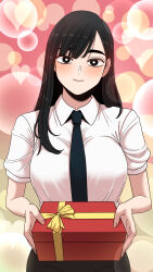 1girl absurdres beautiful_gunbari black_eyes black_hair black_necktie black_skirt blush breasts gift gradient_background gwanak heart highres holding holding_gift kim_sei long_hair medium_breasts necktie parted_bangs pink_background shirt short_sleeves skirt smile solo white_shirt
