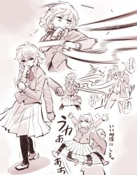1boy 1girl absurdres anger_vein boxing fighting_stance highres holding jab kato_takuji lifting_person long_sleeves looking_at_another martial_arts monochrome original punching school_uniform serious shirt size_difference skirt speech_bubble sweat thighhighs translation_request winter_uniform