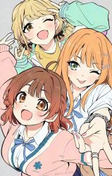3girls :d ;d ;p ahoge blonde_hair blue_ribbon blush braid breasts brown_hair cardigan chain chain_bracelet commentary_request double_v fang fingernails fujita_kotone gakuen_idolmaster gyaru_v hair_ribbon hanami_ume hatsuboshi_gakuen_school_uniform highres idolmaster kirikirimai_(kkm) large_breasts looking_at_viewer mole mole_under_eye multiple_girls nail_polish neck_ribbon one_eye_closed open_mouth orange_hair outstretched_arms pink_cardigan ribbon school_uniform shirt shiun_sumika skin_fang smile tongue tongue_out twin_braids v white_shirt
