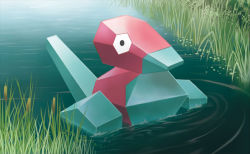 afloat animal_focus bird black_eyes commentary creature day english_commentary full_body gen_1_pokemon grass nintendo no_humans official_art outdoors pokemon pokemon_(creature) pokemon_tcg porygon ripples solo suwama_chiaki third-party_source water