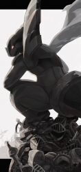 armor broken_armor colored_sclera facing_away gen_5_pokemon highres kaisen_taroo legendary_pokemon looking_at_viewer nintendo pokemon pokemon_(creature) red_sclera slav_squatting solo squatting white_eyes zekrom