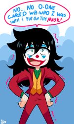 Rule 34 | 1girl, 2019, absurdres, cosplay, dc comics, english text, hands on own hips, highres, kuroki tomoko, parody, solo, speech bubble, standing, tears, the joker (cosplay), theironmountain, watashi ga motenai no wa dou kangaetemo omaera ga warui!, watermark