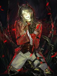 Rule 34 | 1girl, bang dream!, bang dream! it&#039;s mygo!!!!!, black hair, bound, bound wrists, bow, brown vest, commentary, earrings, fang, feiyu30903448, green eyes, highres, horns, jacket, jewelry, kneeling, licking lips, looking at viewer, medium hair, open mouth, pants, red bow, red jacket, solo, symbol-only commentary, teeth, tongue, tongue out, upper teeth only, vest, white pants, yahata umiri