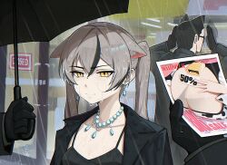 1girl ad animal_collar animal_ear_fluff animal_ears animal_print arms_at_sides arms_up bell black_dress black_gloves black_hair black_jacket black_streaks black_suit black_umbrella bodyguard borrowed_character breasts cat_boy cat_ears cat_girl cleavage_cutout closed_mouth closed_sign clothing_cutout cocktail_dress collar collarbone commentary cow_print cowbell criispace disappointed double-parted_bangs dress earrings ears_down english_commentary english_text faceless faceless_male formal_clothes frown frustrated furrowed_brow gloves go!_go!_gris! grey_hair hair_between_eyes hair_intakes half-closed_eyes hand_on_own_chest highres holding holding_paper holding_umbrella jacket jewelry large_breasts long_eyelashes long_hair long_sleeves looking_ahead looking_inside multicolored_hair multiple_boys narrowed_eyes neck_bell necklace open_clothes open_jacket original out_of_frame outdoors paper pearl_earrings pearl_necklace pink_collar portrait poster_(object) rain sad sale shop short_hair sidelocks sleeveless sleeveless_dress slit_pupils small_breasts suit sunglasses thick_eyelashes tsurime twintails two-tone_hair umbrella v-shaped_eyebrows viska_(go!_go!_gris!) water_drop wet wet_clothes wet_hair yellow_eyes