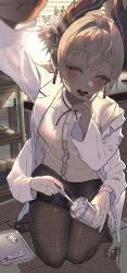 1girl absurdres alternate_costume arknights arm_up backlighting black_skirt blood blurry blurry_foreground blush brown_pantyhose closed_eyes coat cotton_ball cup dark-skinned_female dark_skin dated disposable_cup doctor earrings extra_arms facing_viewer flower foreshortening full_body grey_hair hair_intakes hand_up head_wings highres holding holding_cup holding_tweezers indoors jewelry kneeling lab_coat mechanical_arms miniskirt open_clothes open_coat open_mouth pantyhose raidian_(arknights) sandals shirt short_hair signature skirt smile solo syuje tray tube tweezers white_coat wings