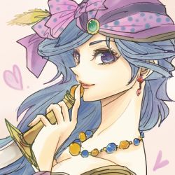 1980s_(style) 1girl bandana blue_hair earrings female_focus final_fantasy final_fantasy_ii heart jewelry knife leila lips looking_at_viewer necklace oldschool parted_lips reila smile solo yadoso