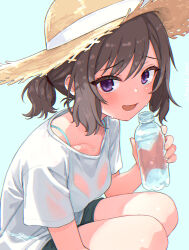1girl absurdres blush bottle brown_hair commentary_request gakuen_idolmaster hat highres holding holding_bottle idolmaster komodj looking_at_viewer neo_asari plastic_bottle ponytail purple_eyes shirt short_hair solo squatting straw_hat sweat water_bottle white_shirt