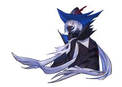 Rule 34 | 1boy, absurdres, arknights, black hat, black jacket, blue hat, chinese commentary, chromatic aberration, commentary request, covered mouth, grey hair, hair intakes, hat, high collar, highres, jacket, long hair, male focus, mask, mouth mask, ninja mask, red eyes, simple background, solo, two-sided fabric, two-sided headwear, ulpianus (arknights), watermark, white background, withmeblazar