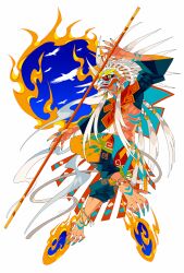 1boy animal anklet bird bodypaint chinese_zodiac commentary_request crop_top edarow fingernails fire full_body headdress highres holding holding_staff jewelry long_fingernails long_hair male_focus monkey_boy monkey_hat monkey_tail original pointy_ears prehensile_feet solo staff tail very_long_hair white_hair year_of_the_monkey