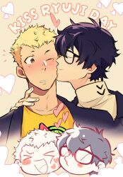 &gt;_&lt; 2boys absurdres amamiya_ren black-framed_eyewear black_hair black_jacket blonde_hair blush blush_stickers brown_eyes chibi chibi_inset commentary double-parted_bangs english_commentary english_text glasses hair_between_eyes heart highres impetuss jacket kiss kissing_cheek looking_at_another looking_to_the_side male_focus multiple_boys multiple_views one_eye_closed open_clothes open_jacket open_mouth parted_lips persona persona_5 print_shirt sakamoto_ryuuji school_uniform shirt short_hair shuujin_academy_school_uniform suit_jacket teeth tongue turtleneck very_short_hair white_shirt yaoi yellow_shirt