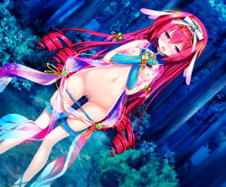 1girl blush braid breasts censored embarrassed female_focus forest game_cg grass highres legs long_hair lots_of_jewelry mayoeru_futari_to_sekai_no_subete_love_heaven_300_percent mizunomiya_nana mosaic_censoring nature navel nipples open_mouth panties panty_pull purple_eyes pussy pussy_juice red_hair small_breasts solo standing tears thighs tree underwear wet youta