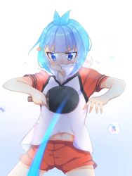 Rule 34 | 1girl, bad id, bad pixiv id, blue eyes, blue hair, blunt bangs, blush, carrot hair ornament, collared shirt, female focus, food-themed hair ornament, gym shorts, hair ornament, highres, itsumo hokuto, kerun, leaning back, leaning forward, looking at viewer, midriff, navel, paddle, shakunetsu no takkyuu musume, shirt, short hair, short shorts, short sleeves, shorts, sidelocks, solo, standing, stomach, sweat, sweatdrop, table tennis, table tennis paddle, v-shaped eyebrows