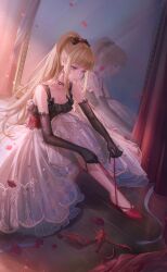 Rule 34 | 1girl, arm bow, artist request, bare shoulders, black bow, black choker, black gloves, blonde hair, blue eyes, blunt bangs, bow, choker, closed mouth, curtains, dress, earrings, elbow gloves, footwear ribbon, frilled dress, frills, full-length mirror, full body, game cg, gloves, hair bow, high heels, high ponytail, highres, holding, holding ribbon, indoors, jewelry, liese&#039;s dress (shining nikki), light particles, light rays, long dress, long hair, looking at foot, mirror, nikki (series), official art, petals, pleated dress, ponytail, pumps, red dress, red ribbon, red shoes, reflection, ribbon, rose petals, serena (shining nikki), shining nikki, shoes, sidelocks, sitting, sleeveless, sleeveless dress, solo, sphere earrings, sunlight, thorns, two-tone dress, tying footwear, very long hair, white dress
