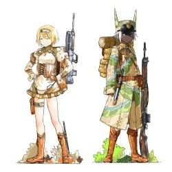 2girls animal_hat backpack bad_id bad_pixiv_id bag blonde_hair boots brown_footwear brown_gloves bullpup camouflage coat corset dark-skinned_female dark_skin dress fingerless_gloves france frilled_dress frills full_body gloves green_eyes gun hairband hands_on_own_hips hat long_sleeves machine_gun mars_expedition military military_uniform mole mole_under_eye multiple_girls puffy_long_sleeves puffy_sleeves ribbon rifle short_hair simple_background sleeves_past_wrists strap sword weapon weapon_request white_background white_hair y_(khakiyawn) yellow_eyes