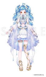 ahoge blue_hair blue_nails detached_sleeves dress frilled_dress frills heart heart_ahoge hitsuji_oshipu long_hair looking_at_viewer midriff multicolored_hair navel nijisanji nijisanji_en official_art orange_eyes pacifier sample_watermark shoes simple_background streaked_hair tachi-e toes twintails twisty_amanozako_(2nd_costume) virtual_youtuber watermark white_background white_hair winged_shoes wings