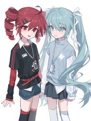 2girls ahoge alternate_costume black_shirt black_skirt black_thighhighs blue_eyes blue_hair blue_jacket blush collarbone collared_shirt denim denim_shorts detached_sleeves drill_hair flat_chest grin hair_between_eyes hair_ornament hair_ribbon hairclip hatsune_miku highres jacket kasane_teto long_hair looking_at_viewer madoka066 miniskirt multiple_girls open_mouth over-kneehighs red_eyes red_hair red_sleeves ribbon shirt short_shorts shorts simple_background skirt smile teeth thighhighs track_jacket twin_drills twintails upper_teeth_only utau vocaloid whistle whistle_around_neck white_background white_ribbon white_sleeves white_thighhighs wing_collar