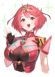 1girl absurdres blush bob_cut breasts chest_jewel core_crystal_(xenoblade) fingerless_gloves gem gloves green322 headpiece highres large_breasts looking_at_viewer pyra_(xenoblade) red_eyes red_hair short_hair smile solo swept_bangs tiara xenoblade_chronicles_(series) xenoblade_chronicles_2