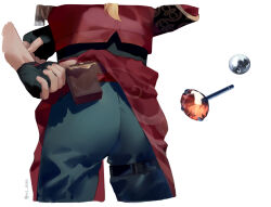 1boy ass ass_focus back black_gloves blonde_hair earrings fingerless_gloves genshin_impact gloves hashtag-only_commentary highres jewelry lower_body male_focus simple_background solo thigh_strap thoma_(genshin_impact) twitter_username vc_ooo white_background