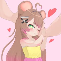 1boy 1girl 2025 age_difference ahoge animal_ears bear_ears bear_girl blush brown_hair child green_eyes heart heart_ahoge indie_virtual_youtuber irina_kumai long_hair older_man_and_younger_girl pink_background size_difference smile thefunkydealer