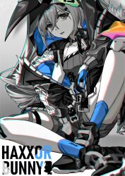 1girl absurdres animal_ear_hood animal_ears bandaid bandaid_on_knee bandaid_on_leg black_gloves black_jacket black_shorts blue_socks bronya_zaychik bronya_zaychik_(haxxor_bunny) closed_mouth drill_hair fake_animal_ears gloves grey_eyes grey_hair highres honkai_(series) honkai_impact_3rd hood jacket knee_pads looking_at_viewer open_mouth shorts single_knee_pad socks solo tongue tongue_out twin_drills z05
