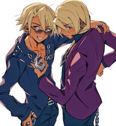 Rule 34 | 1boy, ace attorney, age comparison, aged down, apollo justice: ace attorney, blonde hair, blue eyes, chain, chain belt, chain necklace, cowboy shot, dark-skinned male, dark skin, drill hair, dual persona, earrings, grgrton, hair between eyes, highres, jewelry, klavier gavin, looking at viewer, multiple rings, necklace, ring, side drill, simple background, single earring, white background