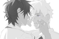 Rule 34 | 2boys, black hair, cheng xiaoshi, crying, crying with eyes open, greyscale, hair between eyes, highres, lu guang, male focus, monochrome, multiple boys, parted lips, shiguang dailiren, shirt, short hair, simple background, spot color, tears, upper body, white background, white hair, wiping tears