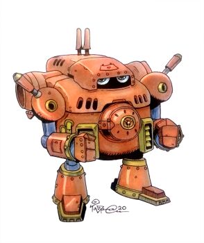 Rule 34 | 2020, blue eyes, brown armor, clenched hands, digimon, digimon (creature), face in shadow, full body, guardromon, hatch, humanoid robot, inktober, looking at viewer, robot, simple background, standing, taragraphika, vent (object), white background