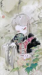 Rule 34 | 1girl, absurdres, antennae, aqiu4682, artist name, black robe, brown eyes, chinese commentary, commentary request, covered mouth, cropped torso, flower, fog, grey background, grey hair, grey shirt, hand fan, highres, holding, holding fan, leaf, long hair, long sleeves, nail polish, original, pink flower, pink nails, procreate (medium), robe, shirt, solid eyes, solo, straight hair, tuanshan, water lily flower, watermark, weibo watermark, wide sleeves