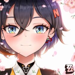 Rule 34 | 1girl, belle (delicate sunlight) (zenless zone zero), belle (zenless zone zero), blue eyes, blue hair, blush, byeoljagga, cherry blossoms, closed mouth, copyright name, japanese clothes, kimono, number hair ornament, official alternate costume, short hair, smile, solo, yellow kimono, zenless zone zero