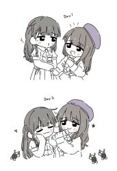 2girls 4th_live_dream_~bloom_the_dream_believers~ :3 :d animification beret black_hair blunt_bangs brown_hair closed_mouth collared_dress comparison dream_believers dress eye_contact hanamiya_nina hat holding holding_microphone link!_like!_love_live! long_hair long_sleeves looking_at_another love_live! microphone mole mole_under_eye multiple_girls neck_ribbon o3o open_mouth partially_colored puckered_lips puffy_short_sleeves puffy_sleeves purple_hat raised_inner_eyebrows real_life ribbon short_sleeves sidelocks smile tsukine_kona two_side_up voice_actor zueka27