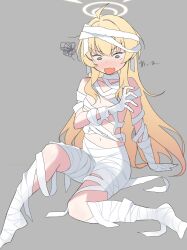 1girl ahoge arm_support bandaged_arm bandaged_chest bandaged_foot bandaged_hand bandaged_head bandaged_leg bandaged_neck bandages bare_shoulders blonde_hair blue_archive blush brown_eyes collarbone commentary convenient_arm embarrassed fang flat_chest full_body grey_background hair_between_eyes hair_down hair_intakes halloween_costume halo highres knee_up long_hair momocadraw naked_bandage navel no_shoes nose_blush official_alternate_costume official_alternate_hairstyle open_mouth sidelocks simple_background sitting skin_fang solo squiggle translated v-shaped_eyebrows very_long_hair wide-eyed yellow_halo yoshimi_(blue_archive) yoshimi_(halloween)_(blue_archive)