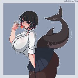 1girl absurdres artist_name bent_over between_legs black_choker black_hair black_pantyhose black_tail blue_background blue_skirt blush border bralines breasts buttons candy choker colored_inner_hair commentary ellen_joe ellen_joe_(on_campus) english_commentary fins fish_tail food from_side hair_ornament hand_between_legs hand_between_thighs hand_up highres holding holding_candy holding_food holding_lollipop huge_breasts licking lollipop looking_at_viewer mole mole_under_eye multicolored_hair multiple_moles open_mouth pantyhose red_eyes red_hair saliva saltdrawyou shark_girl shark_tail shirt short_hair skirt sleeves_rolled_up solo tail tongue tongue_out white_shirt x_hair_ornament zenless_zone_zero