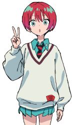 1girl absurdres amate_yuzuriha aqua_eyes aqua_shirt aqua_skirt black_necktie cardigan collared_shirt commentary cowboy_shot grey_cardigan gundam gundam_gquuuuuux hand_up highres long_sleeves looking_at_viewer necktie parted_lips pleated_skirt red_hair red_necktie riokasen school_uniform shirt short_hair simple_background skirt solo striped_necktie v white_background