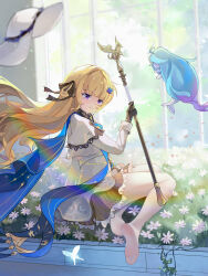 1girl black_collar black_gloves blonde_hair blue_sash bow chinese_commentary collar commentary_request feet from_behind gloves hair_bow hair_ornament highres indoors long_hair nimbus_wraith_(wuthering_waves) no_shoes pantyhose phoebe_(wuthering_waves) sash shirt sitting skirt soles striped_bow tacet_mark_(wuthering_waves) white_bow white_pantyhose white_shirt white_skirt wuthering_waves x_hair_ornament ying_wei_jin_inexistenec yokozuwari