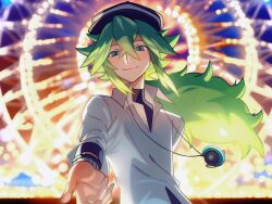 1boy baseball_bat black_undershirt blue_eyes blurry blurry_background blush collared_shirt commentary crossed_bangs ferris_wheel green_hair hair_between_eyes hat long_hair looking_at_viewer male_focus n_(pokemon) nintendo outdoors pokemon pokemon_bw shirt smile solo upper_body white_shirt zero_(sleepy_meltan)