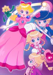 absurdres blonde_hair blue_eyes chef_hat chinese_clothes commentary cookie earrings english_commentary food hat highres holding holding_cookie holding_food holding_sword holding_weapon jewelry kung_fu_peach marikyuunn mario_(series) multiple_persona nintendo patissiere_peach princess_peach princess_peach:_showtime! stella_(peach) sword swordfighter_peach weapon