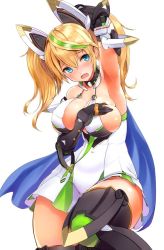 1girl agarwood arm_up armpits bare_shoulders black_gloves blonde_hair blue_eyes blush breasts cape cleavage cowboy_shot deep_skin dress elbow_gloves female_focus gene_(pso2) gloves green_hair hair_between_eyes headgear large_breasts long_hair multicolored_hair open_mouth phantasy_star phantasy_star_online_2 short_dress sideboob solo streaked_hair thighhighs twintails two-tone_hair white_dress