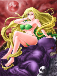 1990s_(style) 1girl adjusting_hair bandeau barbariccia barefoot bikini blonde_hair bracelet breasts cagnazzo cleavage covered_erect_nipples fangs feet final_fantasy final_fantasy_iv full_moon jewelry large_breasts legs crossed_legs long_hair monster moon red_eyes shimusu sitting skull swimsuit underboob very_long_hair