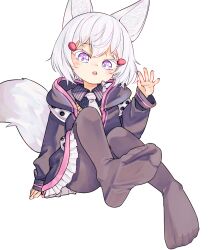 1girl animal_ears black_jacket black_pantyhose chaosexceed commentary english_commentary feet foot_focus fox_ears fox_girl fox_tail full_body highres hood hooded_jacket jacket long_sleeves looking_at_viewer no_shoes open_mouth paid_reward_available pantyhose phase_connect purple_eyes short_hair simple_background soles solo tail teeth tenma_maemi toes upper_teeth_only virtual_youtuber white_background white_hair