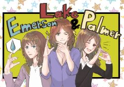 3boys bad_id bad_pixiv_id bishounen blue_eyes brown_eyes brown_hair carl_palmer character_name cross cross_necklace dress_shirt emerson_lake_&amp;_palmer green_eyes greg_lake jewelry keith_emerson long_sleeves multiple_boys necklace real_life shirt short_sleeves smile
