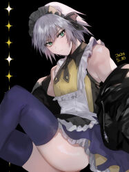 1boy apron blue_thighhighs closed_mouth crossdressing crossdressing_(mtf) dated eyelashes frilled_apron frills green_eyes grey_hair headdress highres kingdom_hearts lgw7 male_focus off_shoulder riku_(kingdom_hearts) shiny_skin short_hair sitting skirt thighhighs thighs
