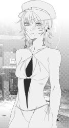 1girl bikini breasts chainsaw_man closed_mouth death_devil_(chainsaw_man) deep_wound earrings fami_(chainsaw_man) greyscale hat injury jewelry medium_hair mole mole_under_eye mole_under_mouth monochrome multiple_moles peaked_cap pi_jiu_ya ringed_eyes small_breasts solo swimsuit