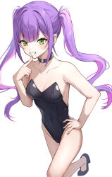 1girl absurdres alternate_costume black_choker black_leotard black_shoes blush breasts choker cleavage closed_mouth ear_piercing fang green_eyes hand_on_own_hip high_heels highres hololive leotard long_hair looking_at_viewer minase03mio multicolored_hair o-ring o-ring_choker piercing pink_hair playboy_bunny pointy_ears purple_hair shoes small_breasts smile solo strapless strapless_leotard streaked_hair tokoyami_towa twintails virtual_youtuber