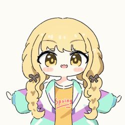 1girl animated animated_gif aqua_jacket blinking blush_stickers braid chibi closed_eyes clothes_writing commentary english_text fangs fujita_kotone gakuen_idolmaster idolmaster jacket long_hair long_sleeves looking_at_viewer low_twin_braids multicolored_jacket no_nose open_clothes open_jacket open_mouth orange_shirt outstretched_arms purple_jacket shirt sidelocks skin_fangs smile solo twin_braids umihio upper_body very_long_hair white_jacket