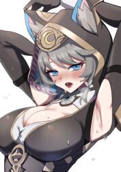 animal_ears arm_behind_head armpits blue_eyes breasts cat_ears cat_girl cipher_(honkai:_star_rail) crescent grey_hair honkai:_star_rail honkai_(series) hood large_breasts simple_background sweat white_background yamada_otonari