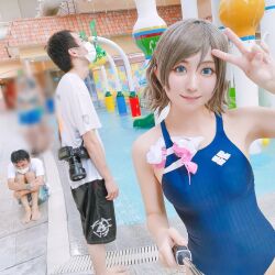 Rule 34 | 1girl, 2boys, blue eyes, cosplay, cosplay photo, grey hair, indoors, japanese (nationality), looking at viewer, love live!, love live! sunshine!!, mi yan 0728, multiple boys, one-piece swimsuit, photo (medium), pool, poolside, selfie, short hair, swimsuit, v, watanabe you
