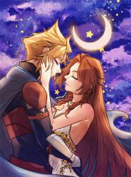 1boy 1girl aerith_gainsborough aerith_gainsborough_(white_floral_dress) aqua_eyes arm_around_waist arm_belt armor artist_name black_shirt blonde_hair blue_cloak breasts brown_hair cleavage cloak closed_eyes closed_mouth cloud_strife cloud_strife_(alphreid_costume) couple crescent_moon dress dress_flower final_fantasy final_fantasy_vii final_fantasy_vii_rebirth final_fantasy_vii_remake flower gold_trim hair_between_eyes half-closed_eyes hand_in_another&#039;s_hair hand_on_another&#039;s_cheek hand_on_another&#039;s_face hetero highres kurohyn leather_armor light_smile long_hair medium_breasts moon nail_polish night night_sky official_alternate_costume parted_bangs rose shirt short_hair shoulder_armor sideboob sidelocks sky spiked_hair strapless strapless_dress upper_body vambraces white_dress yellow_flower yellow_nails yellow_rose