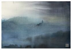 absurdres building cliff dark day fog highres no_humans original outdoors painting_(medium) sazanka_352 scenery shadow tower traditional_media watercolor_(medium)