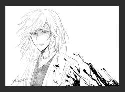 Rule 34 | 1boy, black border, blood, blood spray, border, clenched teeth, collared shirt, greyscale, harada mutei, jacket, kaze (yznyttdgs), male focus, medium hair, monochrome, open clothes, open jacket, saibou shinkyoku, shaded face, shirt, simple background, solo, sweat, swept bangs, teeth, upper body, vest, white background